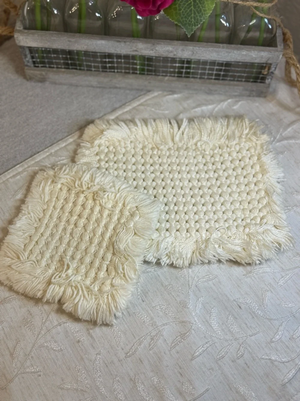 Vtg Lot 10 Crochet Pot Holders & Floral Guest‎ Towels Grape Cluster Mid Century
